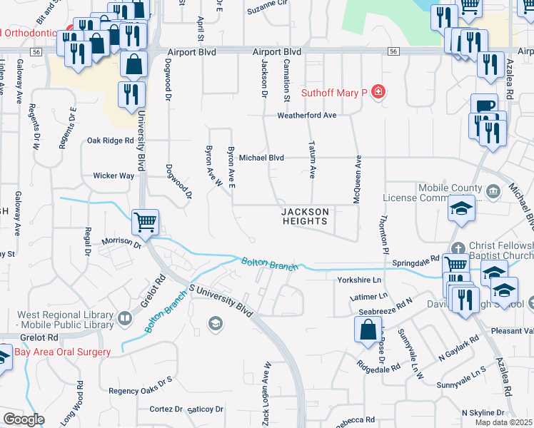 map of restaurants, bars, coffee shops, grocery stores, and more near 4287-4291 Springview Drive in Mobile