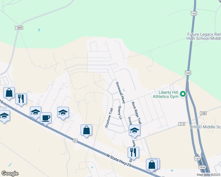 map of restaurants, bars, coffee shops, grocery stores, and more near 309 Siltstone Way in Liberty Hill