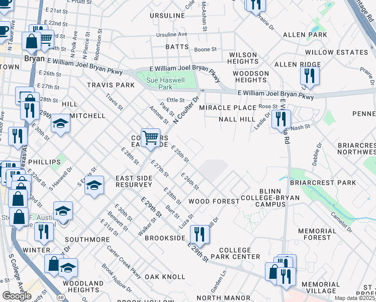 map of restaurants, bars, coffee shops, grocery stores, and more near 1595 Woodbine Ct in Bryan