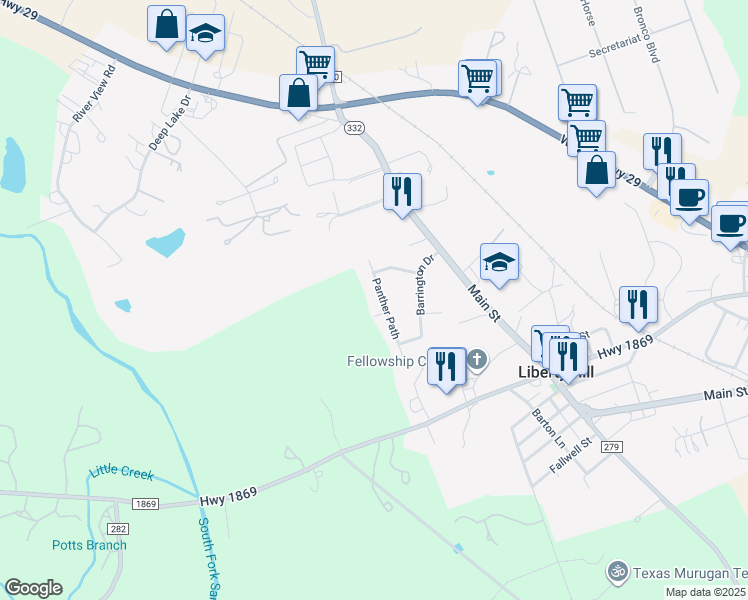 map of restaurants, bars, coffee shops, grocery stores, and more near 208 Panther Path in Liberty Hill