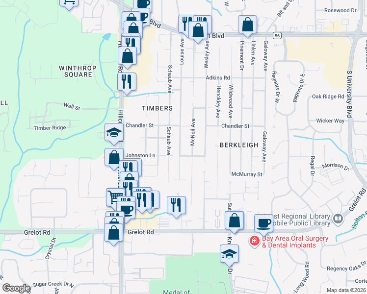 map of restaurants, bars, coffee shops, grocery stores, and more near 1059 Louise Avenue in Mobile