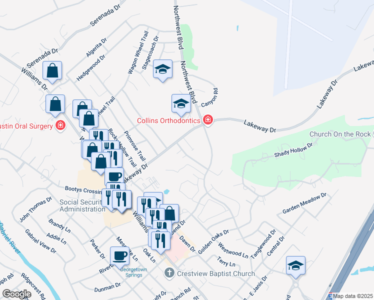 map of restaurants, bars, coffee shops, grocery stores, and more near 3103 Whisper Oaks Lane in Georgetown