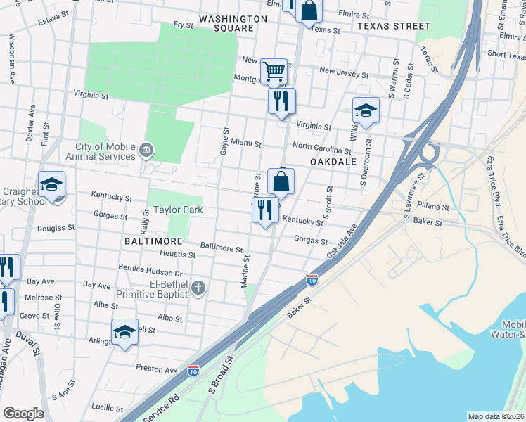 map of restaurants, bars, coffee shops, grocery stores, and more near 912 South Broad Street in Mobile