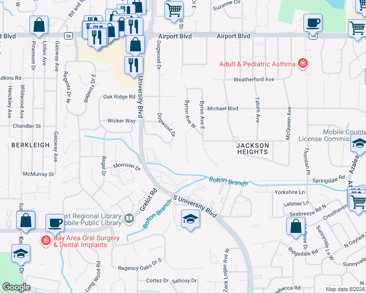map of restaurants, bars, coffee shops, grocery stores, and more near 414 Ridgecrest Court in Mobile