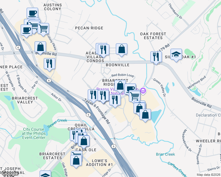 map of restaurants, bars, coffee shops, grocery stores, and more near 2915 Prairie Flower Circle in Bryan