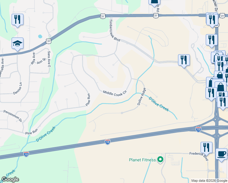 map of restaurants, bars, coffee shops, grocery stores, and more near 30474 Middle Creek Circle in Spanish Fort