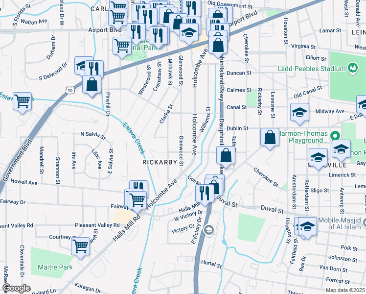 map of restaurants, bars, coffee shops, grocery stores, and more near 635b Glenwood Street in Mobile