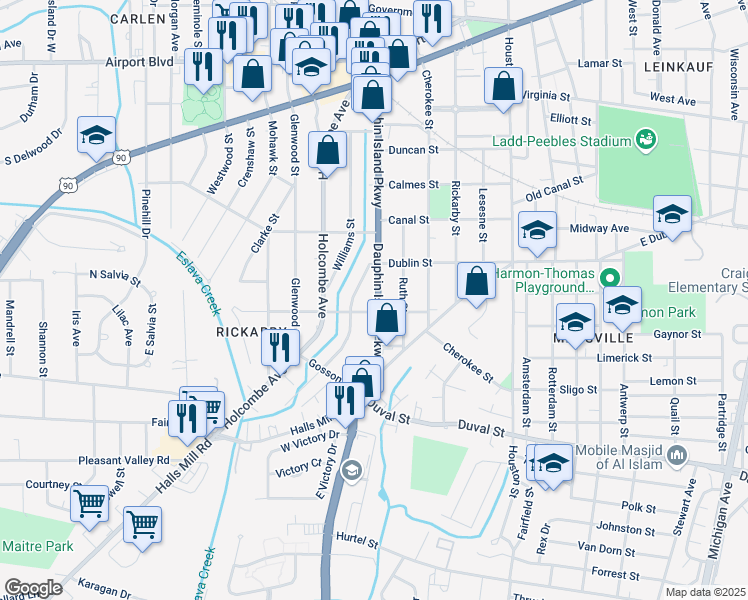map of restaurants, bars, coffee shops, grocery stores, and more near 668 Dauphin Island Parkway in Mobile