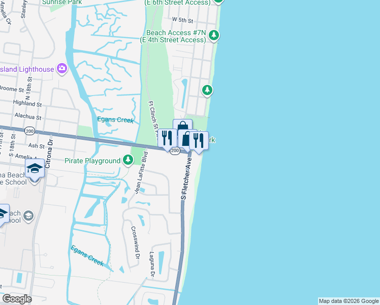 map of restaurants, bars, coffee shops, grocery stores, and more near S Fletcher Ave & Atlantic Ave in Fernandina Beach