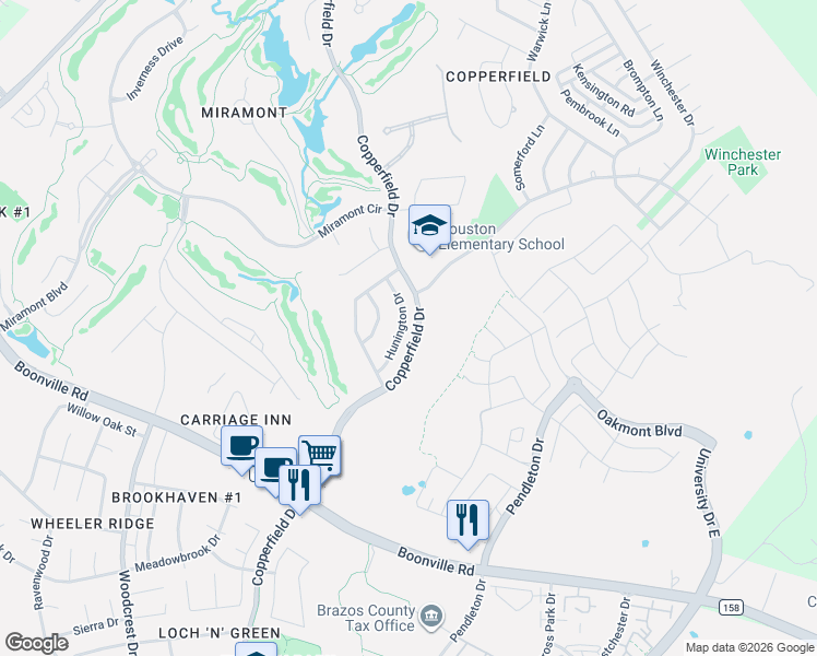 map of restaurants, bars, coffee shops, grocery stores, and more near 4715 Hunington Drive in Bryan