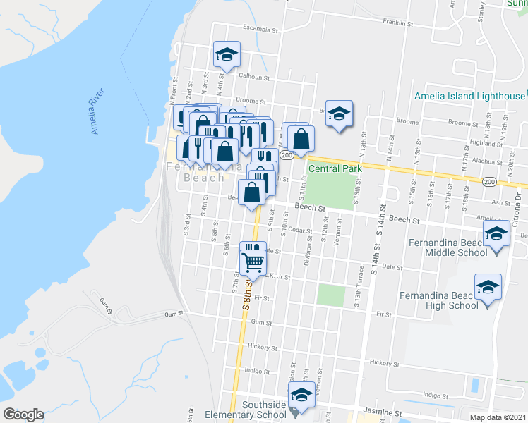 map of restaurants, bars, coffee shops, grocery stores, and more near 212 South 8th Street in Fernandina Beach