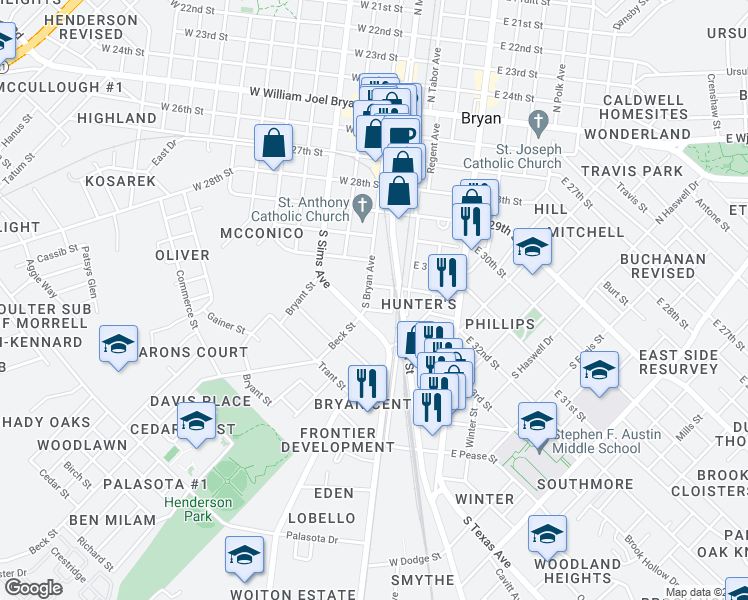 map of restaurants, bars, coffee shops, grocery stores, and more near 705 South Bryan Avenue in Bryan
