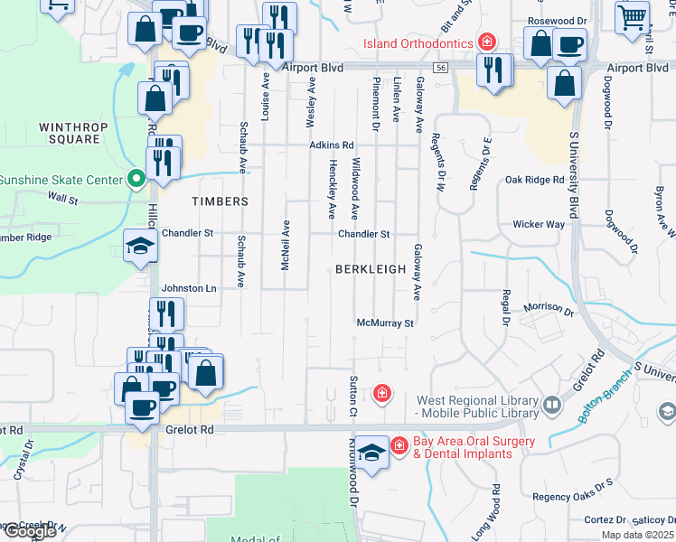 map of restaurants, bars, coffee shops, grocery stores, and more near 1059 Southern Way Court in Mobile