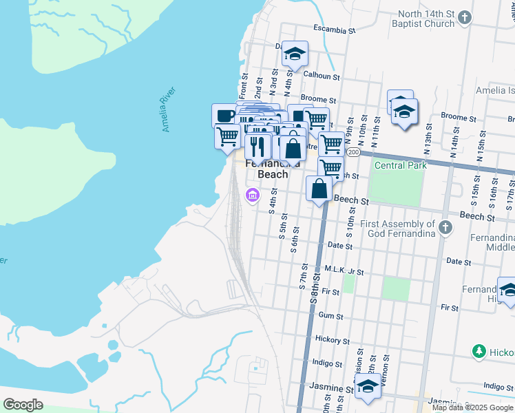 map of restaurants, bars, coffee shops, grocery stores, and more near 230 South 3rd Street in Fernandina Beach
