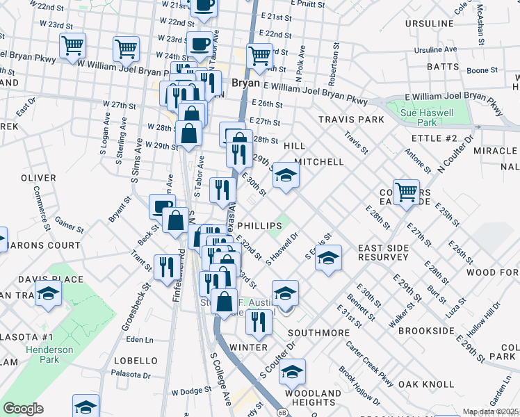map of restaurants, bars, coffee shops, grocery stores, and more near 1108 Baker Avenue in Bryan