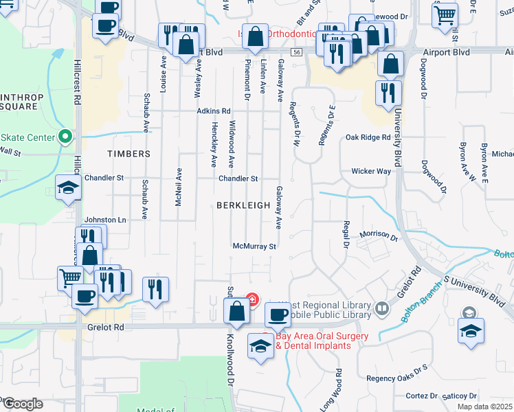 map of restaurants, bars, coffee shops, grocery stores, and more near 1059 Linlen Avenue in Mobile