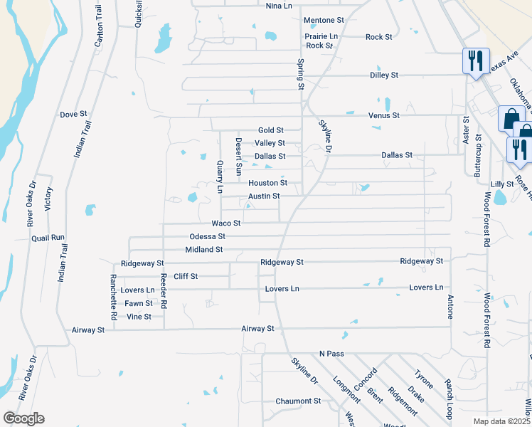 map of restaurants, bars, coffee shops, grocery stores, and more near 610 Waco Street in Kingsland