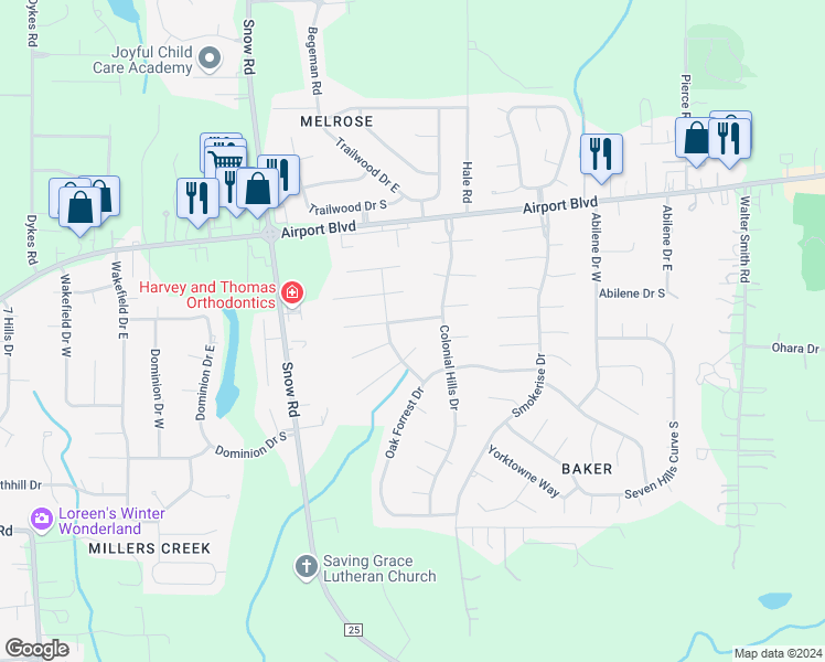 map of restaurants, bars, coffee shops, grocery stores, and more near 1107 Colonial Crossing in Mobile