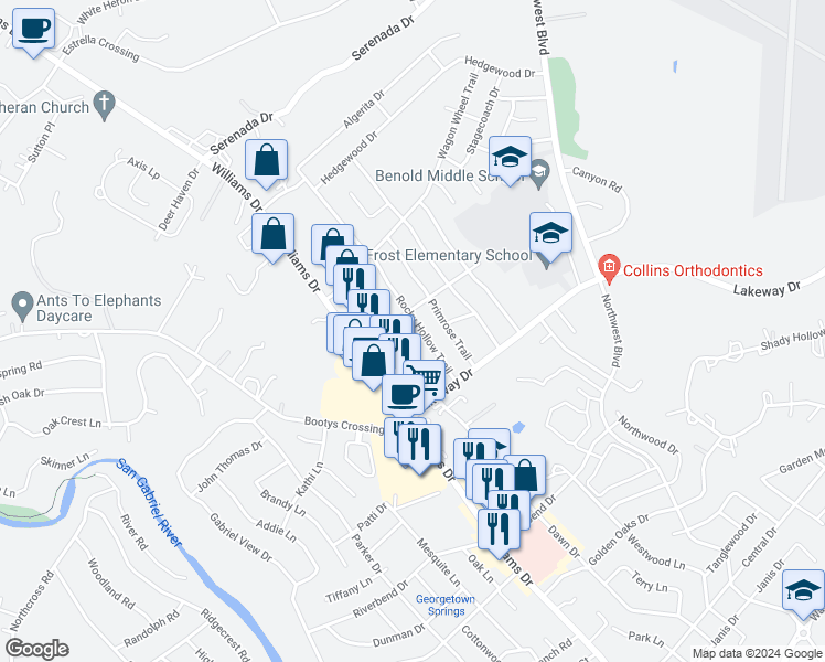 map of restaurants, bars, coffee shops, grocery stores, and more near 3308 Rocky Hollow Trail in Georgetown