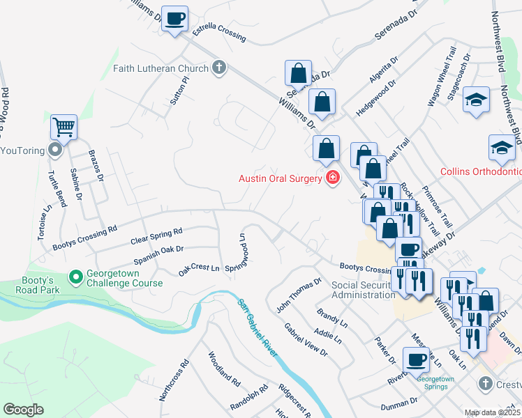 map of restaurants, bars, coffee shops, grocery stores, and more near 101 Oak Ridge Circle in Georgetown