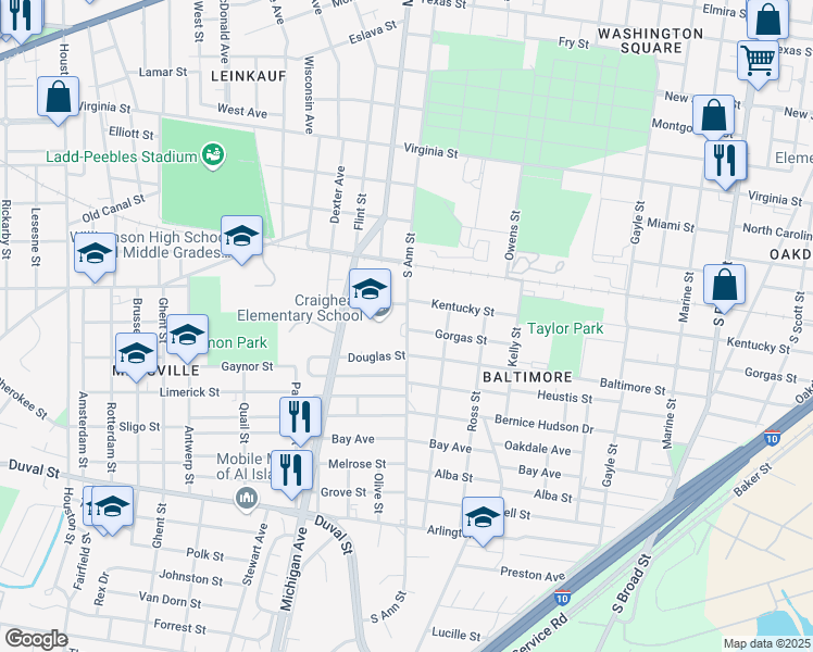 map of restaurants, bars, coffee shops, grocery stores, and more near 1000 South Ann Street in Mobile