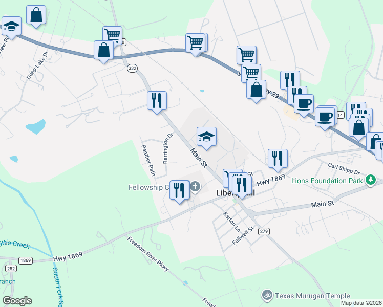 map of restaurants, bars, coffee shops, grocery stores, and more near 1385 Loop 332 in Liberty Hill