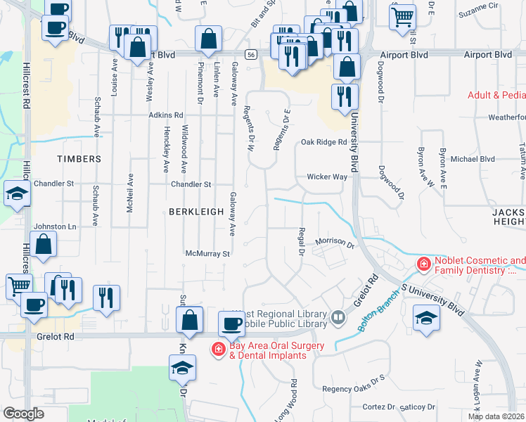 map of restaurants, bars, coffee shops, grocery stores, and more near 1000 Westbury Drive in Mobile