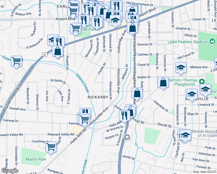 map of restaurants, bars, coffee shops, grocery stores, and more near 635b Glenwood Street in Mobile