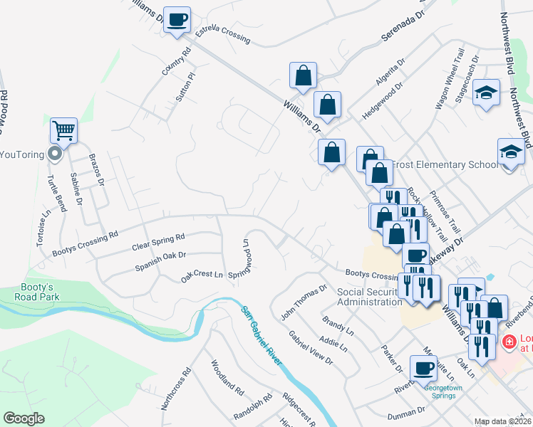 map of restaurants, bars, coffee shops, grocery stores, and more near 101 Oak Ridge Circle in Georgetown