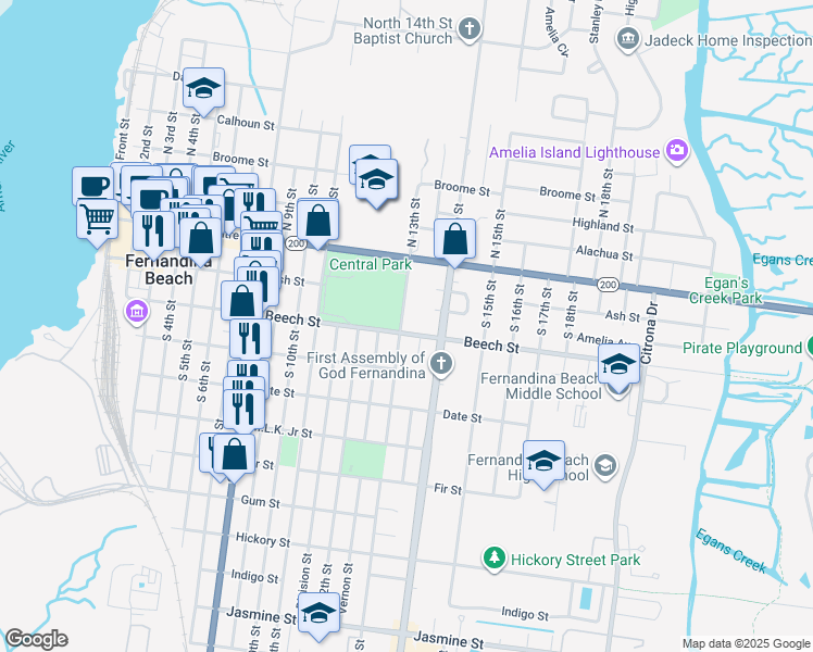 map of restaurants, bars, coffee shops, grocery stores, and more near 1309-1311 Beech Street in Fernandina Beach