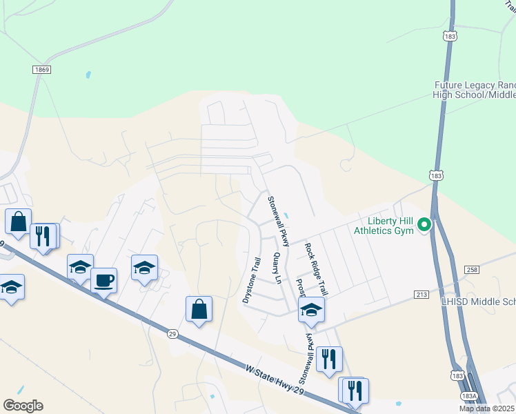 map of restaurants, bars, coffee shops, grocery stores, and more near 309 Siltstone Way in Liberty Hill