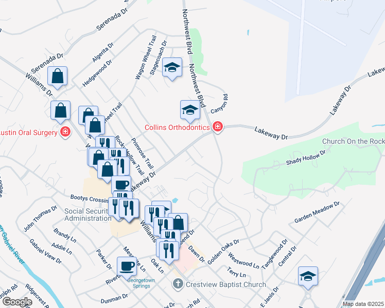 map of restaurants, bars, coffee shops, grocery stores, and more near 3103 Whisper Oaks Lane in Georgetown