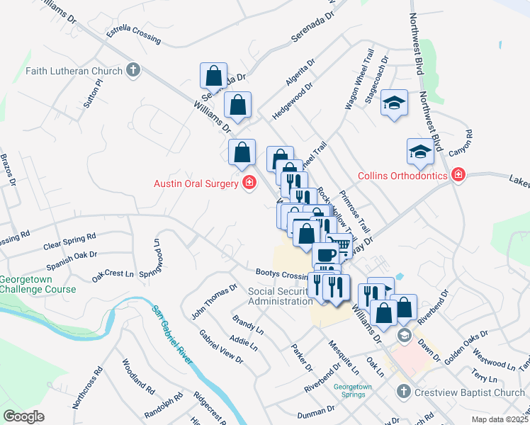 map of restaurants, bars, coffee shops, grocery stores, and more near 3600 Williams Drive in Georgetown