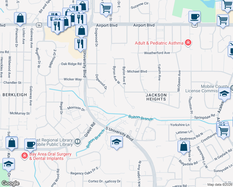 map of restaurants, bars, coffee shops, grocery stores, and more near 414 Ridgecrest Court in Mobile