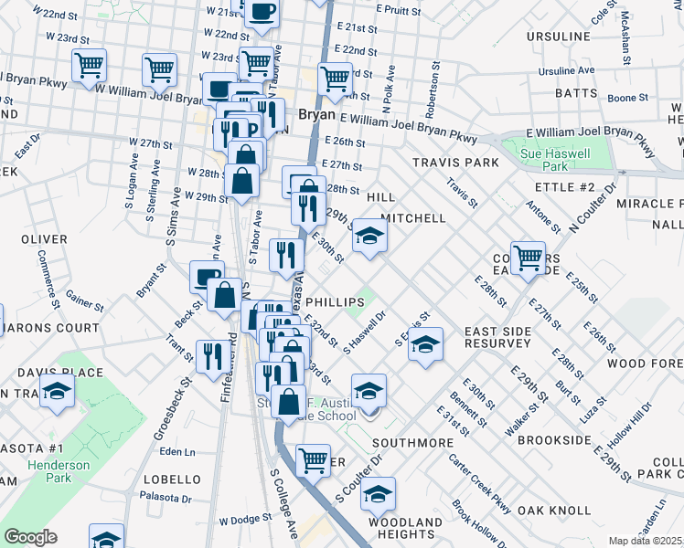 map of restaurants, bars, coffee shops, grocery stores, and more near 1108 Baker Avenue in Bryan