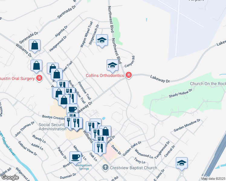 map of restaurants, bars, coffee shops, grocery stores, and more near 3103 Whisper Oaks Lane in Georgetown