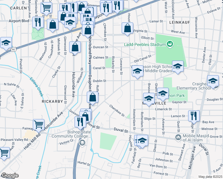 map of restaurants, bars, coffee shops, grocery stores, and more near 664 Rickarby Street in Mobile