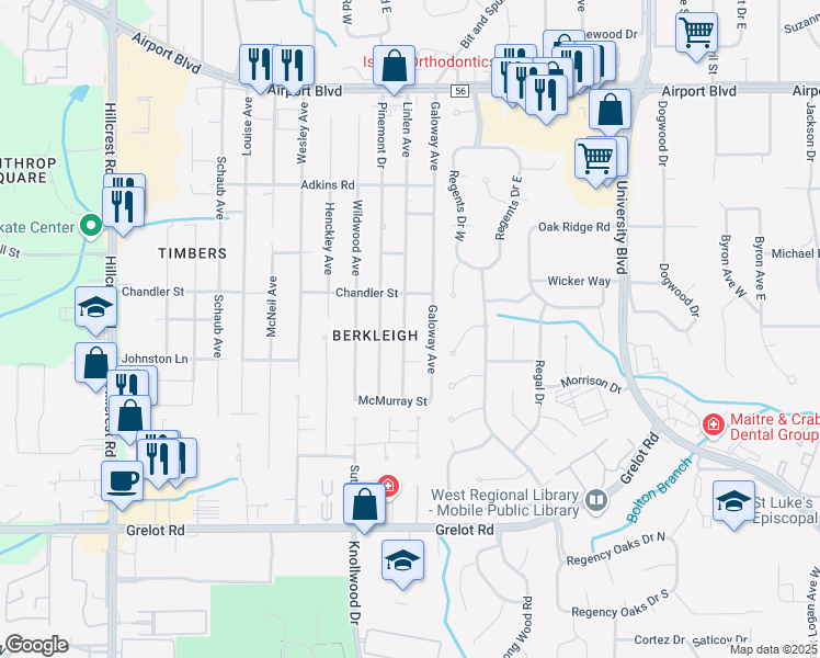 map of restaurants, bars, coffee shops, grocery stores, and more near 1053 Linlen Avenue in Mobile