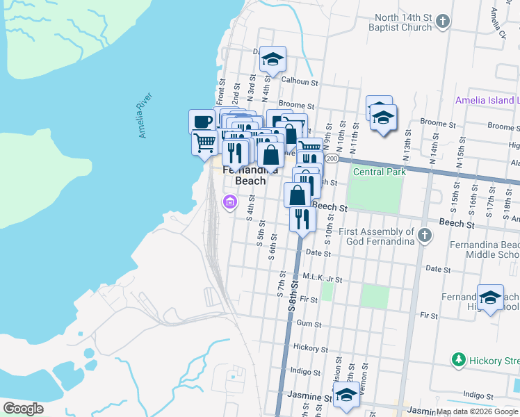 map of restaurants, bars, coffee shops, grocery stores, and more near 229 South 5th Street in Fernandina Beach