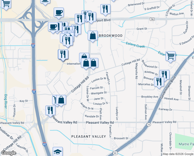 map of restaurants, bars, coffee shops, grocery stores, and more near 3016 Louise Drive North in Mobile
