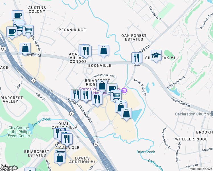 map of restaurants, bars, coffee shops, grocery stores, and more near 3242 Red Robin Loop in Bryan
