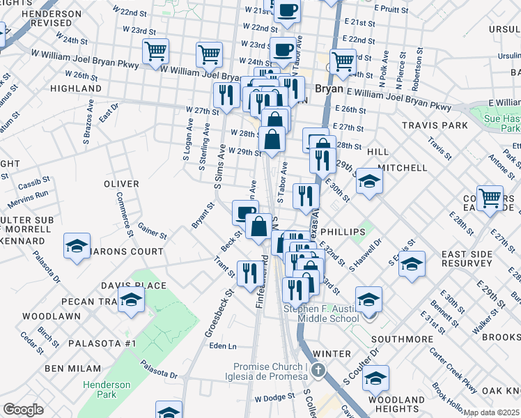 map of restaurants, bars, coffee shops, grocery stores, and more near 608-698 South Main Street in Bryan