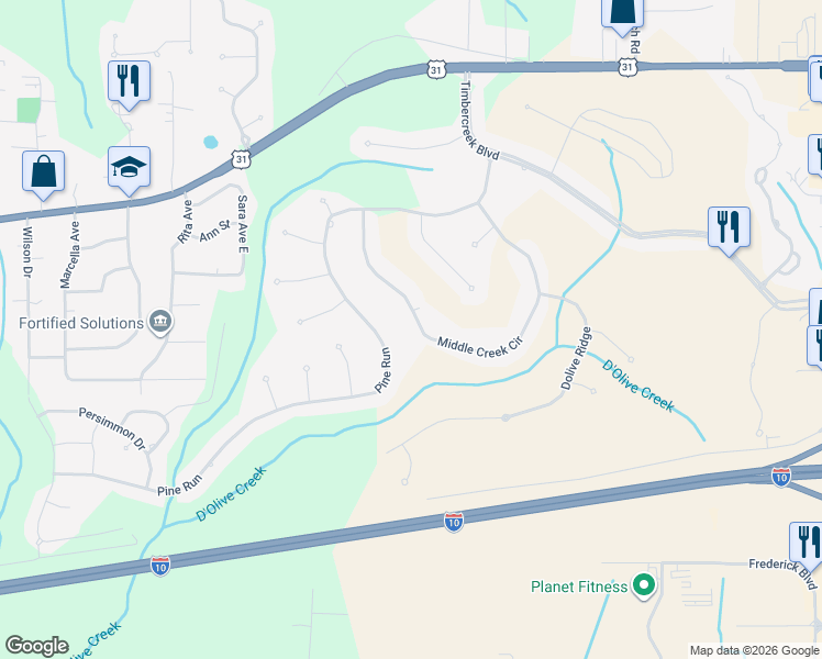 map of restaurants, bars, coffee shops, grocery stores, and more near 30301-30475 Middle Creek Cir in Spanish Fort