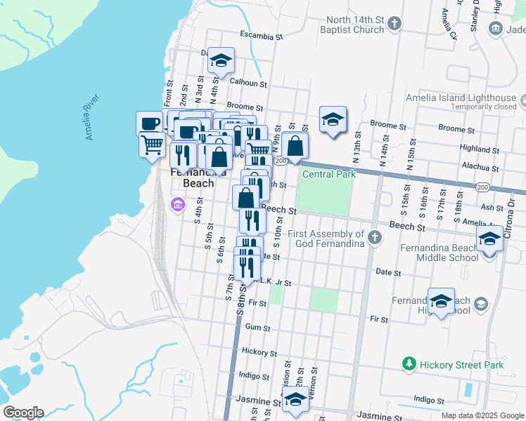 map of restaurants, bars, coffee shops, grocery stores, and more near 212 South 8th Street in Fernandina Beach