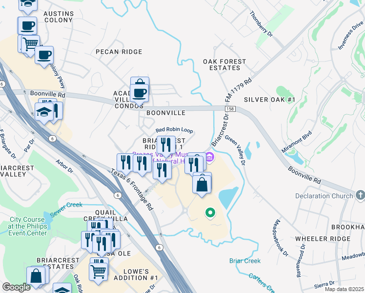 map of restaurants, bars, coffee shops, grocery stores, and more near Red Robin Loop in Bryan