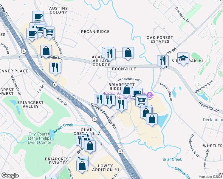 map of restaurants, bars, coffee shops, grocery stores, and more near 2900 Wildflower Drive in Bryan