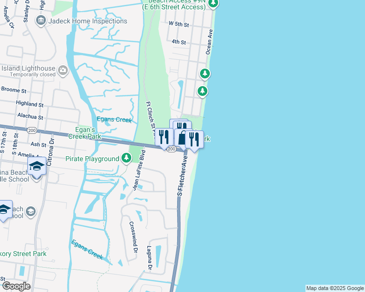 map of restaurants, bars, coffee shops, grocery stores, and more near 2 South Fletcher Avenue in Fernandina Beach