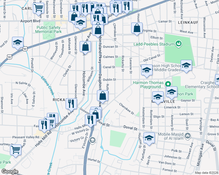 map of restaurants, bars, coffee shops, grocery stores, and more near 663 Ruth Street in Mobile