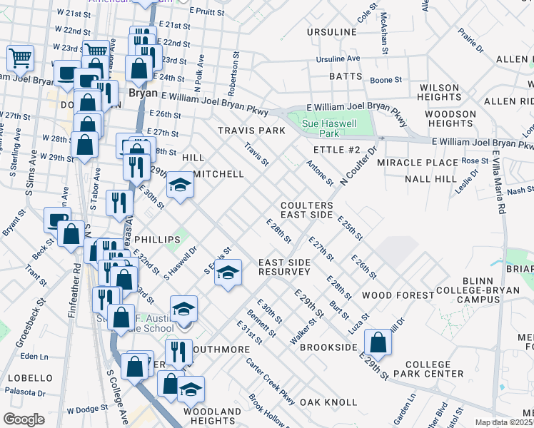 map of restaurants, bars, coffee shops, grocery stores, and more near 1100 East 28th Street in Bryan