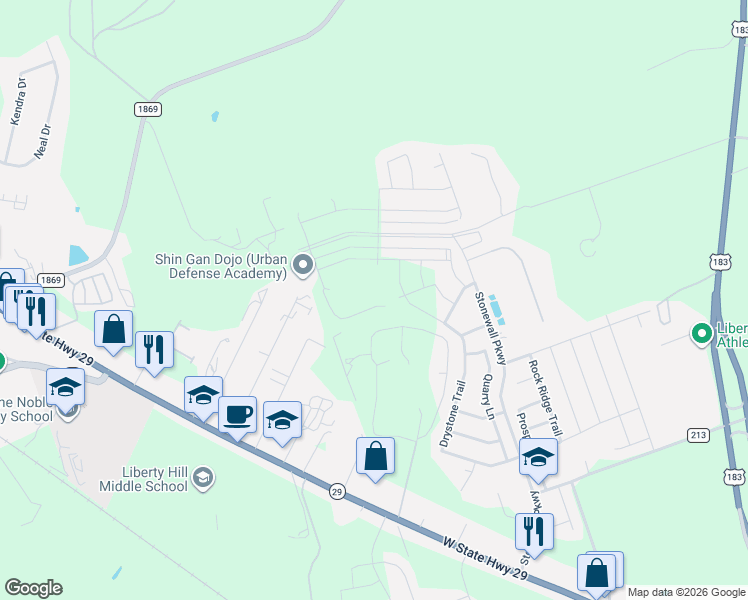 map of restaurants, bars, coffee shops, grocery stores, and more near 410 Unakite Trail in Liberty Hill